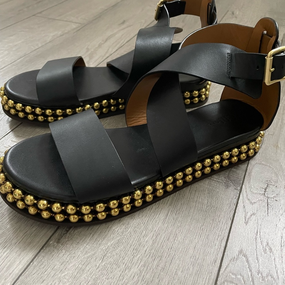 Chloe Beaded Black Leather Sandals New